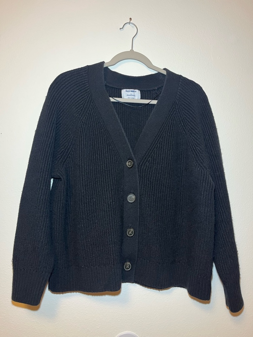 Old Navy Black Ribbed Button-Front V Neck Cardigan Sweater Cotton Wool